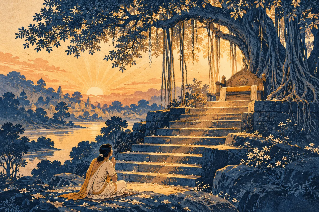A devotee sits with folded hands below stone steps leading to an empty teaching seat beneath a banyan tree at sunrise.