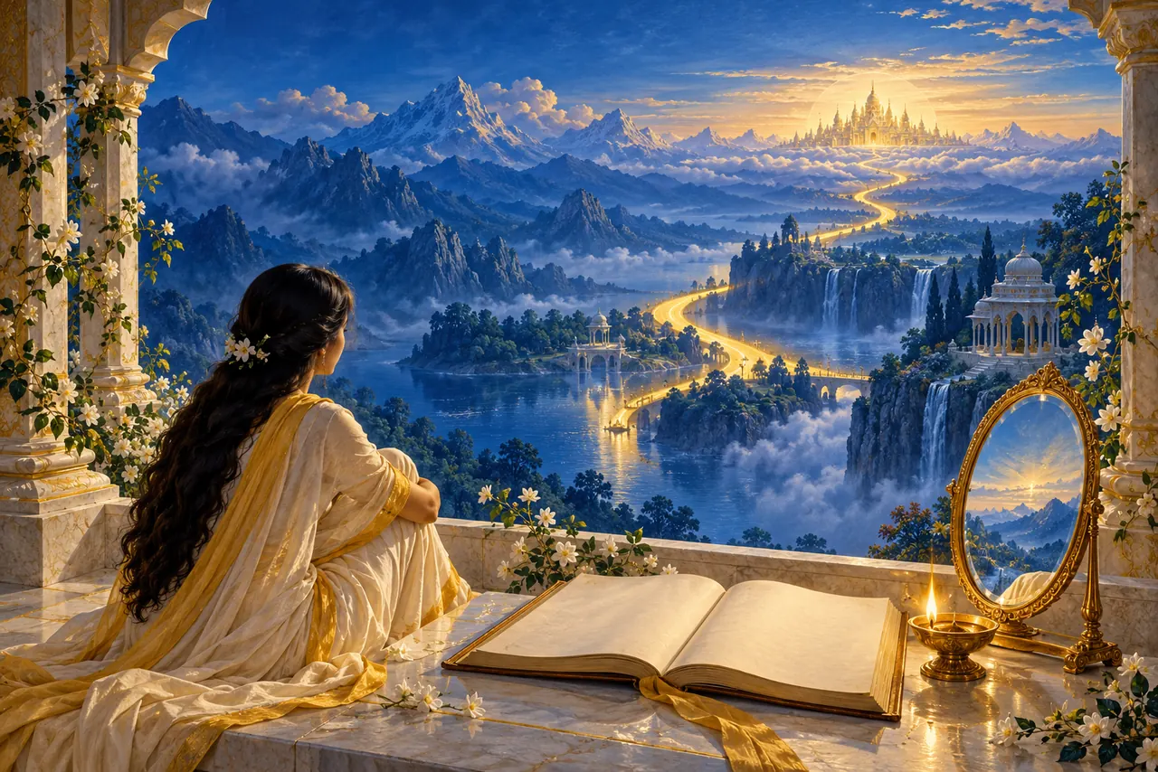 A devotee sits beside a blank manuscript, mirror and lamp, looking across blue mountains toward a palace linked by a golden path.