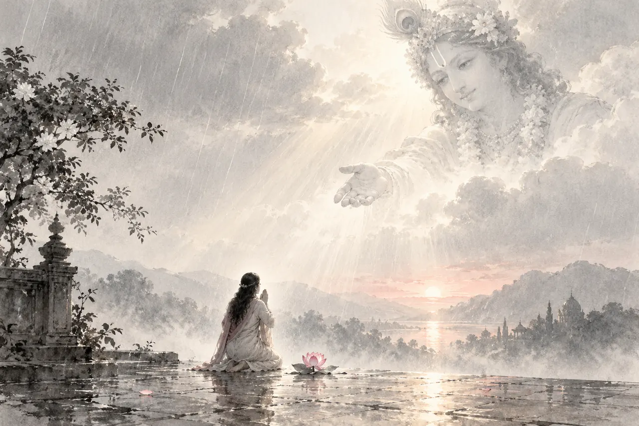 A kneeling devotee and pink lotus in soft rain beneath an imagined Krishna reaching from radiant clouds.