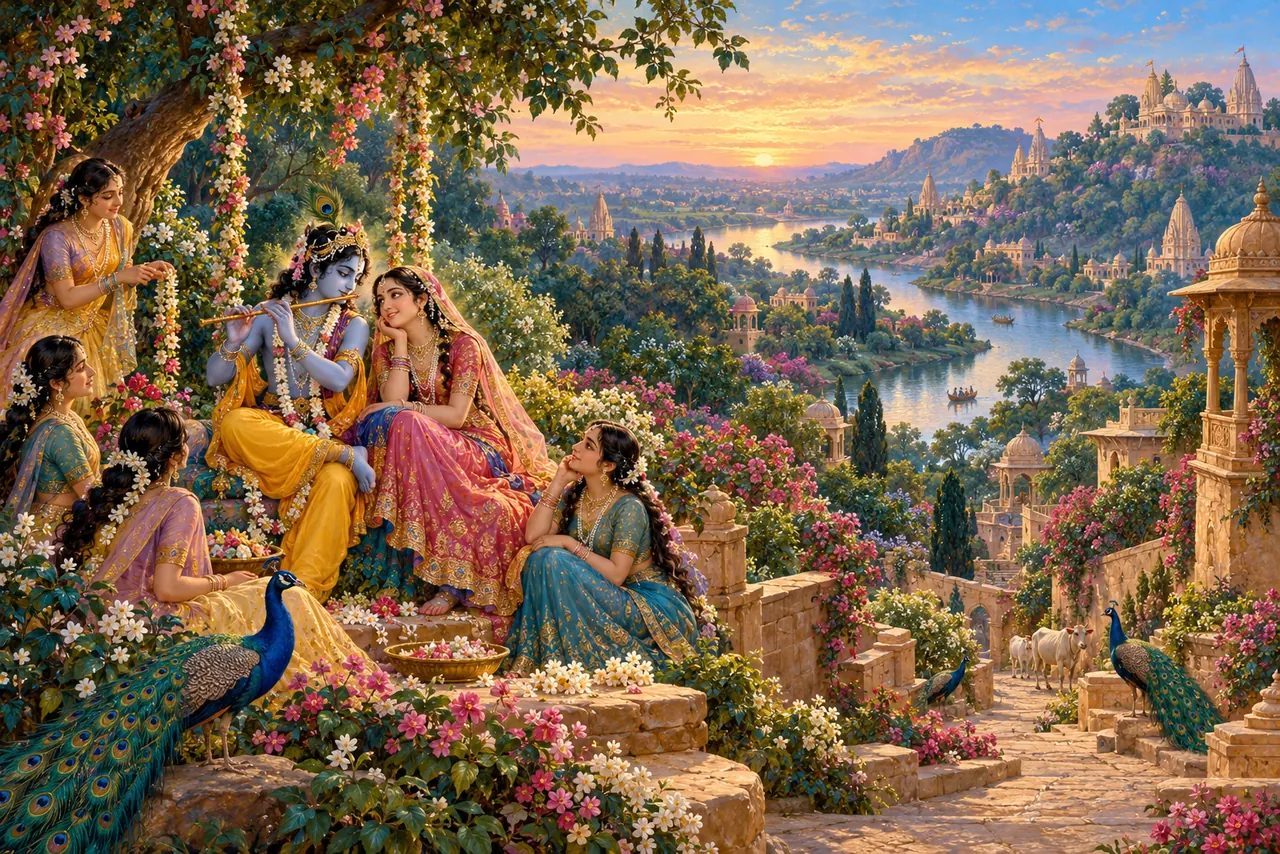 Radha and Krishna on a flower-decked swing with sakhis, overlooking an imagined Braj landscape of river, temples, lanes and peacocks.