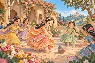 फूलों से सजे बरसाना के आँगन में रंगीन गेंद के साथ खेलती बालराधा और छोटी सखियाँ, परतदार कागज़ जैसी कला में