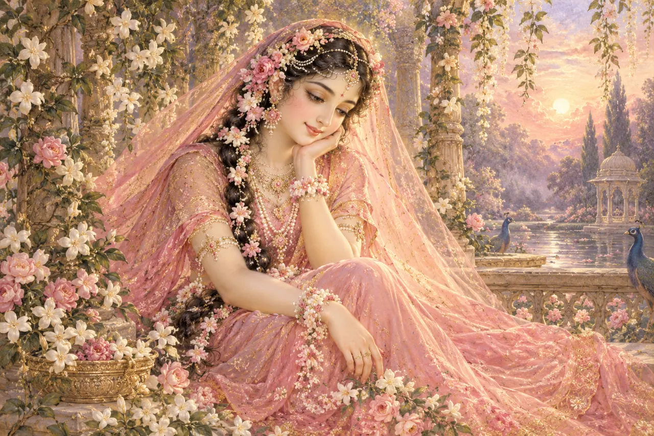 Radha rests her cheek on one hand amid jasmine vines, wearing a pink veil and flower ornaments beside a garden pond at dawn.