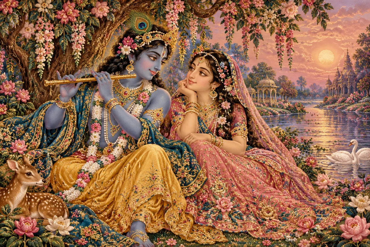 Radha gazes at Krishna playing the flute beneath a flowering tree by the river, with a deer and swan in a tapestry-inspired scene.