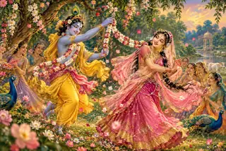 पुष्पों से भरे ब्रज-कुंज में राधा को माला पहनाने की चंचल लीला करते श्रीकृष्ण; चारों ओर सखियाँ और उड़ती पंखुड़ियाँ