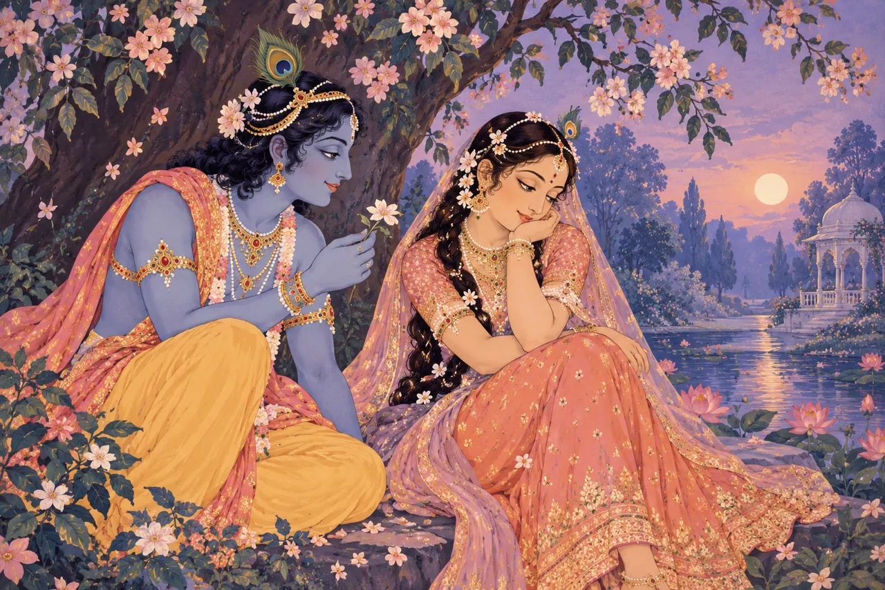 Krishna offers a small white flower as Radha gently turns her face away beneath a flowering tree beside a sunset lotus pond.