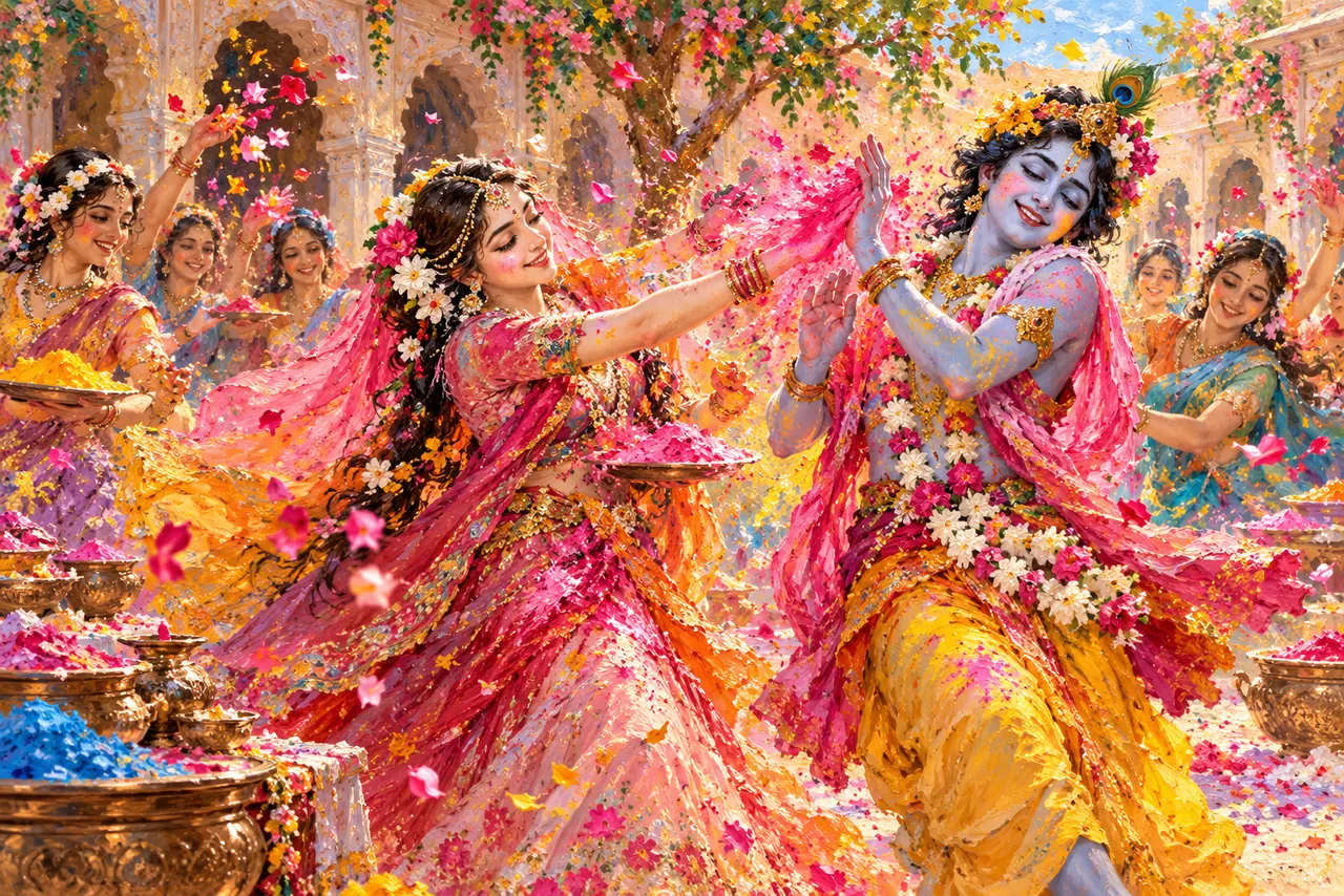 Radha throws pink gulal toward a smiling Krishna amid sakhis, flower petals and brilliant Holi colors in an impasto-inspired Braj courtyard.