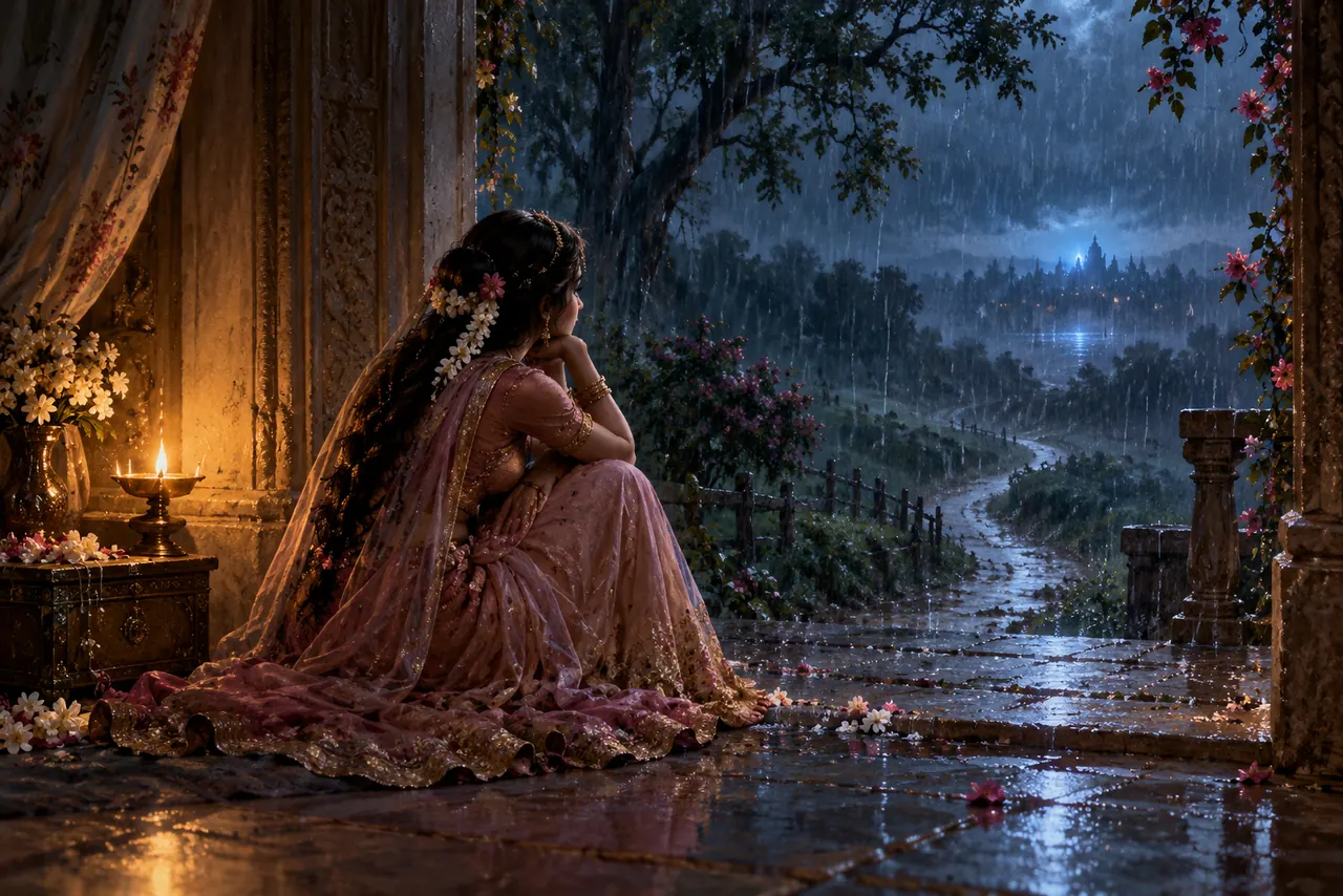 Radha sits alone beside a warm lamp at a rainy threshold, looking along an empty winding path toward a distant blue light.