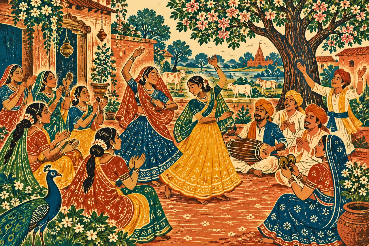 Braj villagers sing, clap and dance with dholak and hand cymbals in a flowering courtyard, in an earthy folk-print-inspired scene.