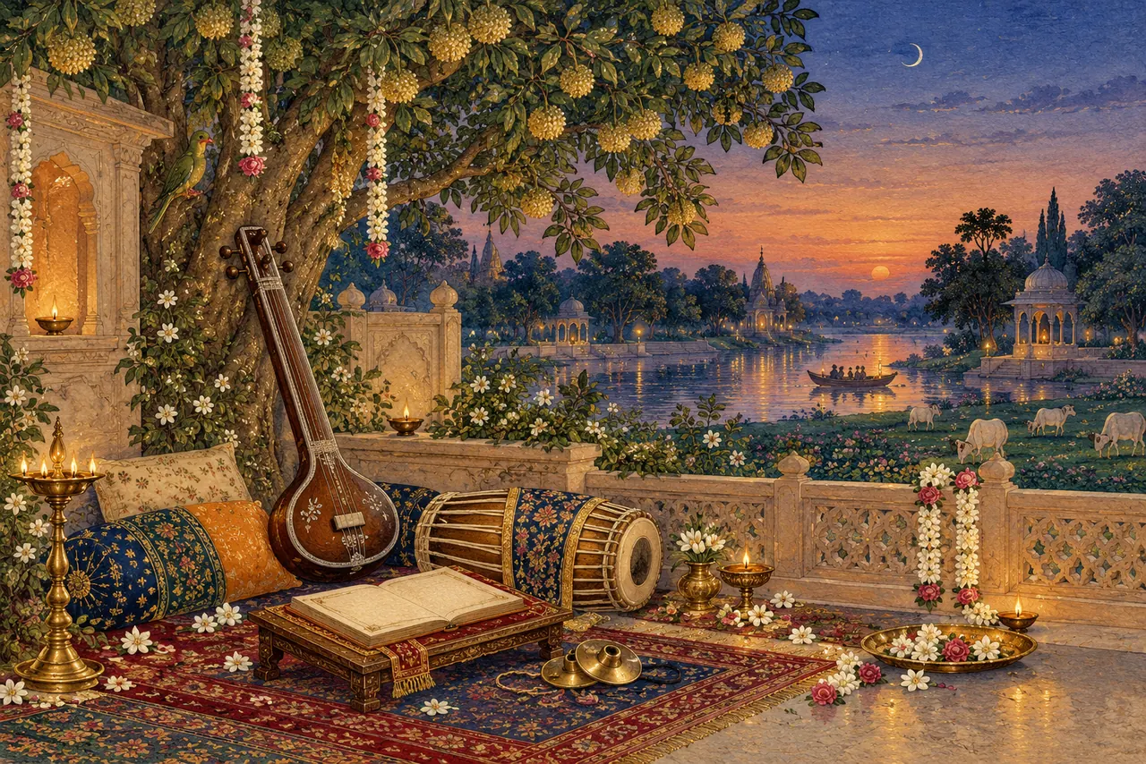A tanpura, drum, hand cymbals and open manuscript among lamps and garlands in a riverside Braj courtyard at dusk