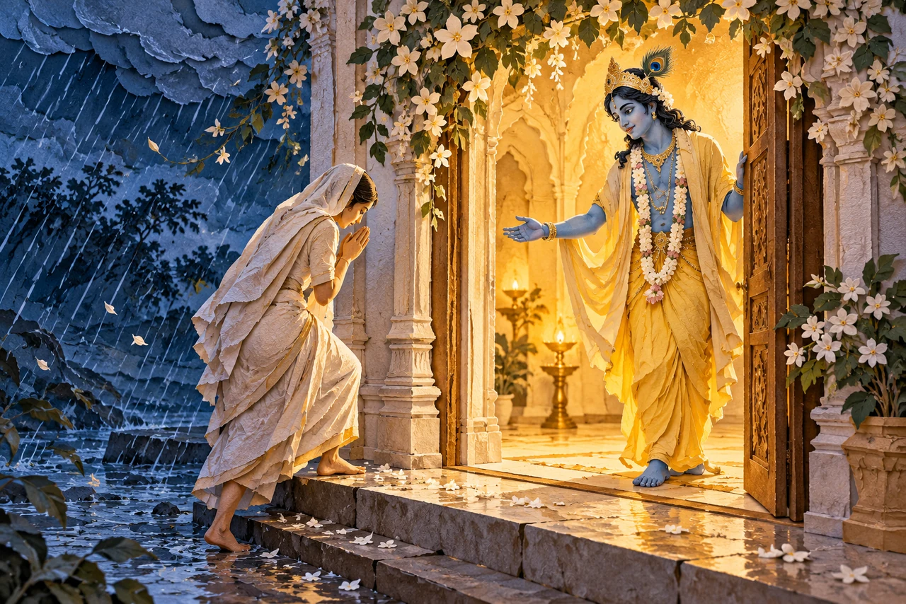 A devotee steps from blue rain toward Krishna's welcoming hand in a warm, sheltered sanctuary doorway.