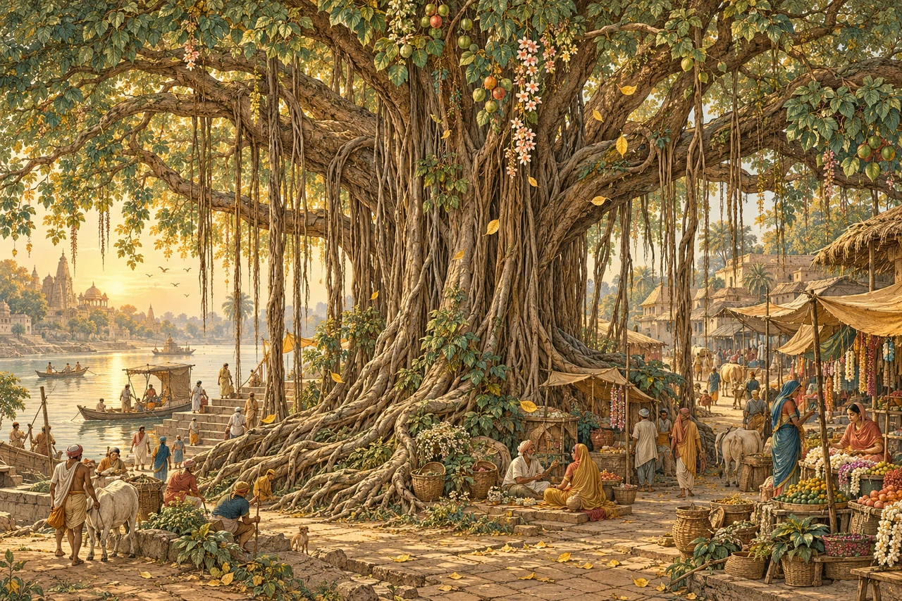 A vast banyan tree spreads its roots around a village market, riverbank and small travelers, with fruit and falling leaves.