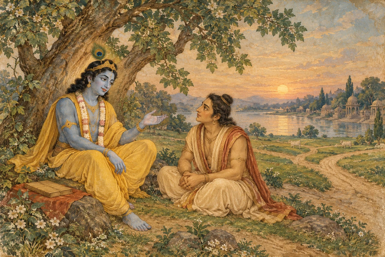 Krishna and Uddhava sit in conversation beneath a riverside tree, with branching paths through fields beyond.