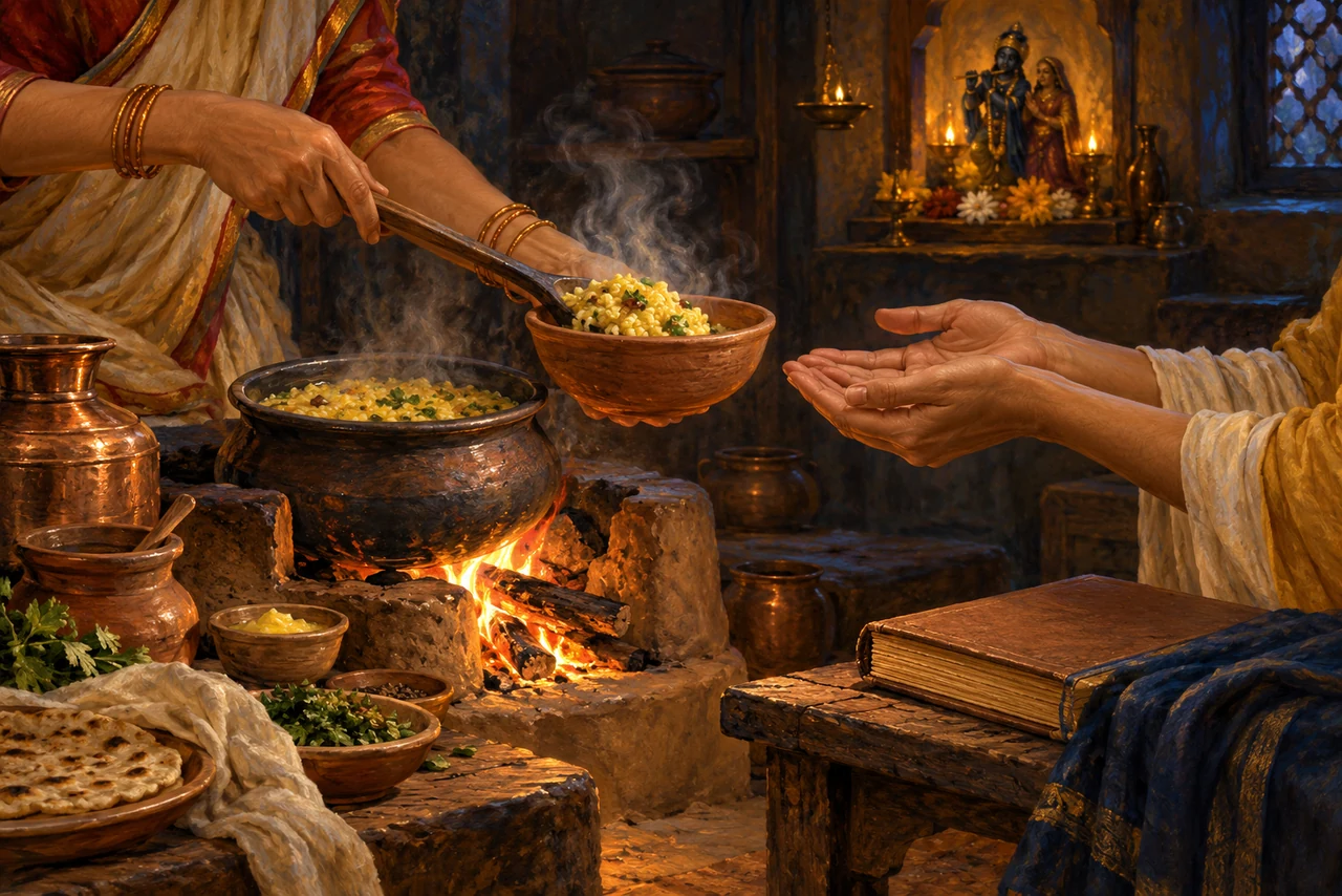 Hands cook at an earthen hearth and offer a steaming bowl beside a closed manuscript, with a small Krishna shrine in the room.