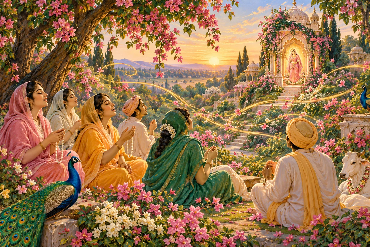 Devotees sing and hold prayer beads in a flowering grove at sunrise, with a distant Radha shrine among blossoms.