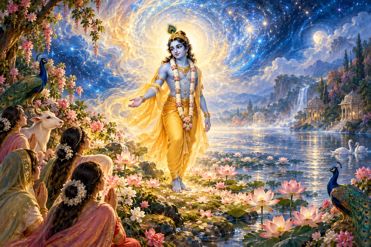 Krishna stands beside river lotuses within a soft radiance merging into blue water and a starry sky.